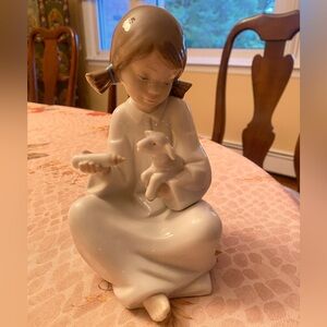 Porcelain Girl with Lamb Figurine - White and Brown